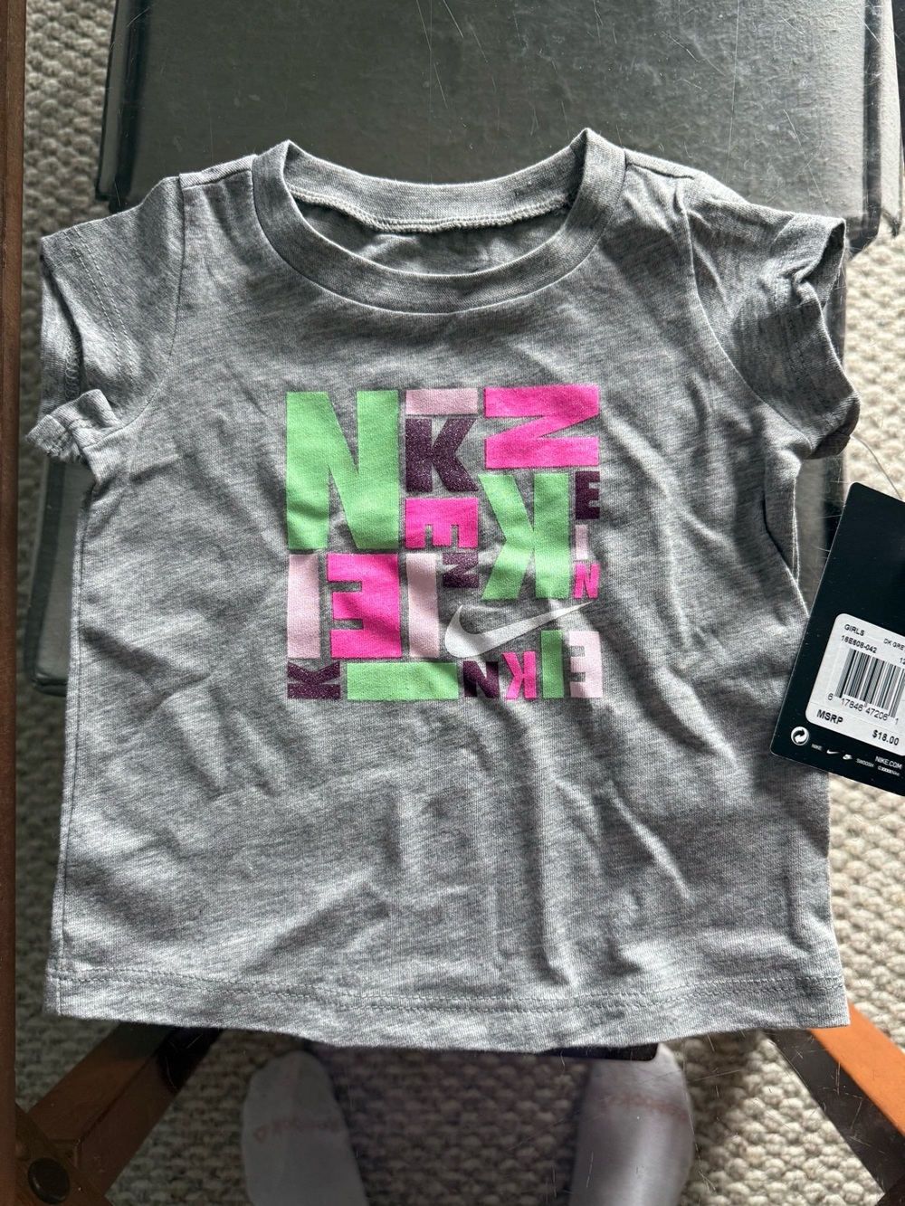 Nike Gray Short Sleeve Tee with Pink & Lime Block Logo